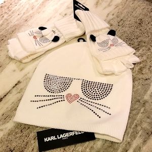 Karl Lagerfeld Glove and Beanie Set Rhinestones Cat